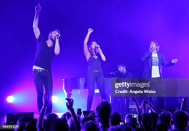 Musicians Charles Kelley, Hillary Scott, Dave Haywood of Lady Antebellum and Josh Groban perform at The Wiltern on April 15, 2010 in Los Angeles,...