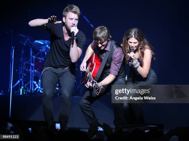 Musicians Charles Kelley, Dave Haywood and Hillary Scott of Lady Antebellum perform at The Wiltern on April 15, 2010 in Los Angeles, California.