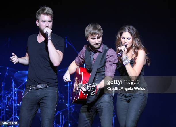 Musicians Charles Kelley, Dave Haywood and Hillary Scott of Lady Antebellum perform at The Wiltern on April 15, 2010 in Los Angeles, California.