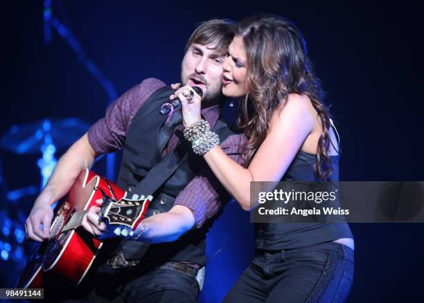 Musicians Dave Haywood and Hillary Scott of Lady Antebellum perform at The Wiltern on April 15, 2010 in Los Angeles, California.