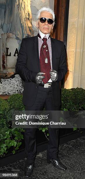 Designer Karl Lagerfeld attends the Ralph Lauren dinner to celebrate a flagship store opening at Boulevard St Germain on April 14, 2010 in Paris,...
