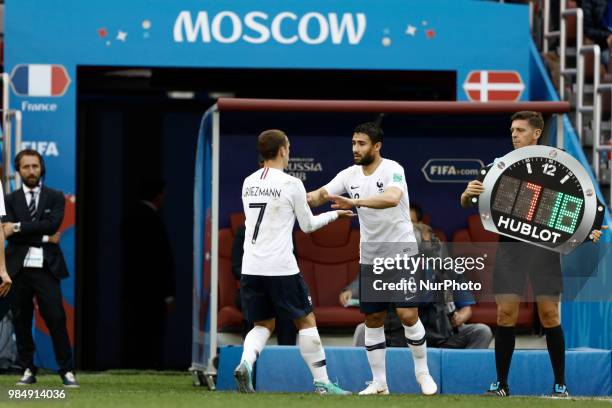 Antoine Griezmann, Nabil Fekir during the 2018 FIFA World Cup Russia group C match between Denmark and France at Luzhniki Stadium on June 26, 2018 in...