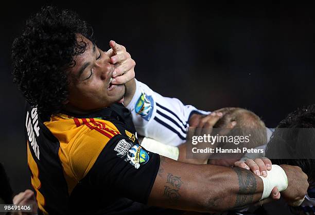 Sione Lauaki of the Chiefs tries to fend off Brok Harris of the Stormers in a maul during the round 10 Super 14 match between the Chiefs and the...