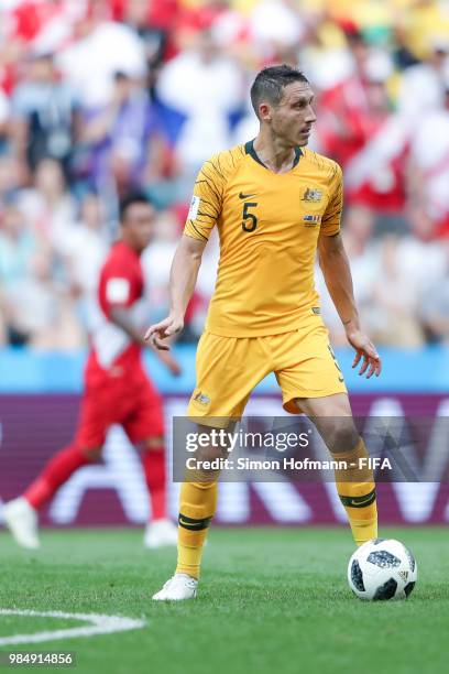 Mark Milligan of Australia controls the ball during the 2018 FIFA World Cup Russia group C match between Australia and Peru at Fisht Stadium on June...