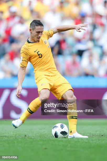 Mark Milligan of Australia controls the ball during the 2018 FIFA World Cup Russia group C match between Australia and Peru at Fisht Stadium on June...