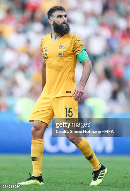 Mile Jedinak of Australia reacts during the 2018 FIFA World Cup Russia group C match between Australia and Peru at Fisht Stadium on June 26, 2018 in...