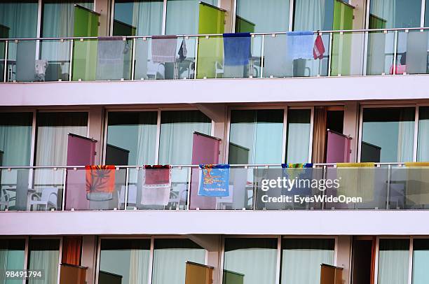 Front of a big beach hotel where beach towels drying on the balconies on July 16, 2009 in Rhodes, Greece. Rhodes is the largest of the Greek...