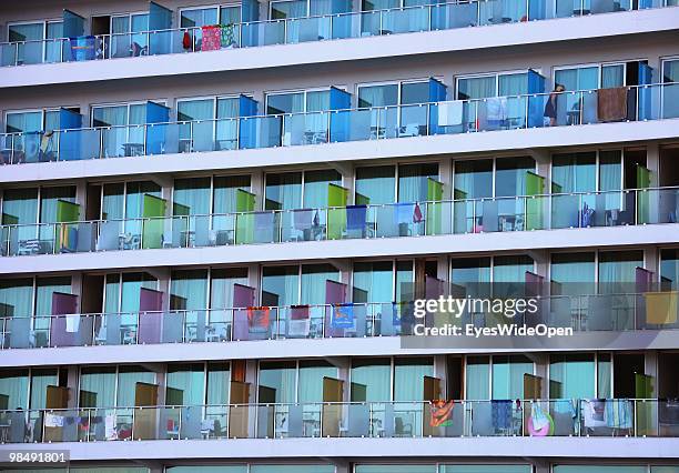 Front of a big beach hotel where beach towels drying on the balconies on July 16, 2009 in Rhodes, Greece. Rhodes is the largest of the Greek...