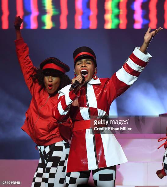 Singer/songwriter Janelle Monae performs with a dancer during a stop of Monae's Dirty Computer Tour at The Pearl concert theater at Palms Casino...
