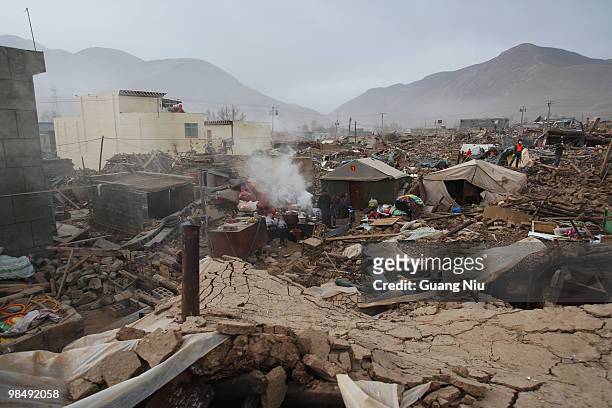 General view of the rubble following a strong earthquake on Jiegu township of China's Qinghai province just on April 16, 2010 in Golmud, China....