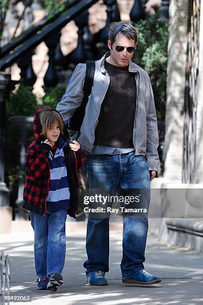 Actor Matthew Broderick and his son James Wilkie Broderick walk in the West Village on April 15, 2010 in New York City.