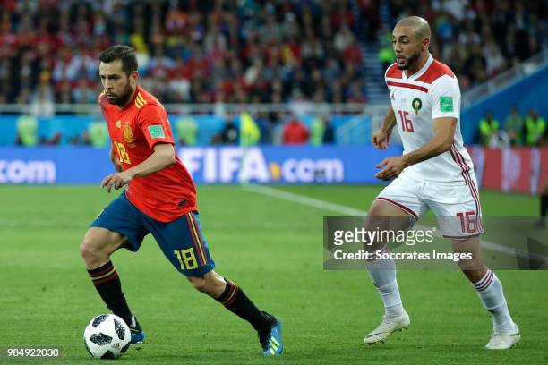 Jordi Alba of Spain , Nordin Amrabat of Morocco during the World Cup match between Spain v Morocco at the Kaliningrad Stadium on June 25, 2018 in...