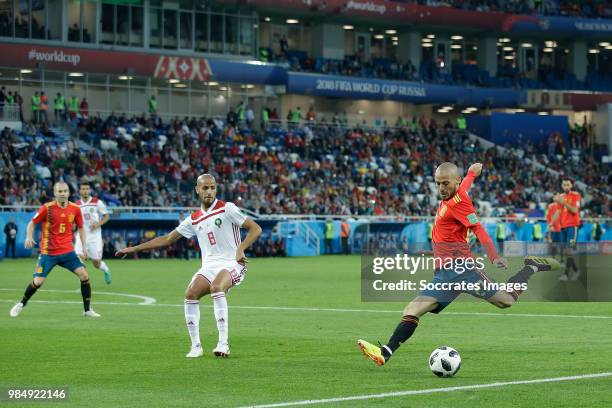 Andres Iniesta of Spain , Karim El Ahmadi of Morocco , Andres Iniesta of Spain during the World Cup match between Spain v Morocco at the Kaliningrad...