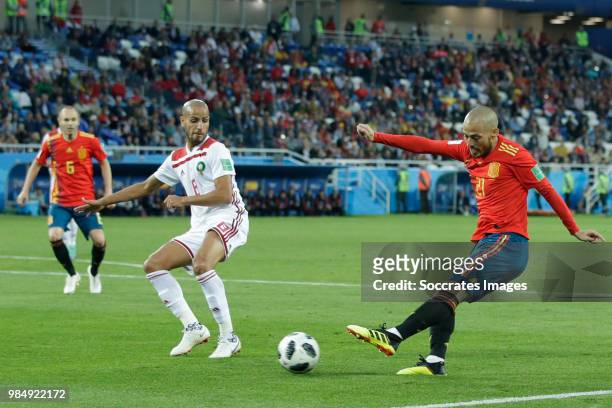 Andres Iniesta of Spain , Karim El Ahmadi of Morocco , David Silva of Spain during the World Cup match between Spain v Morocco at the Kaliningrad...