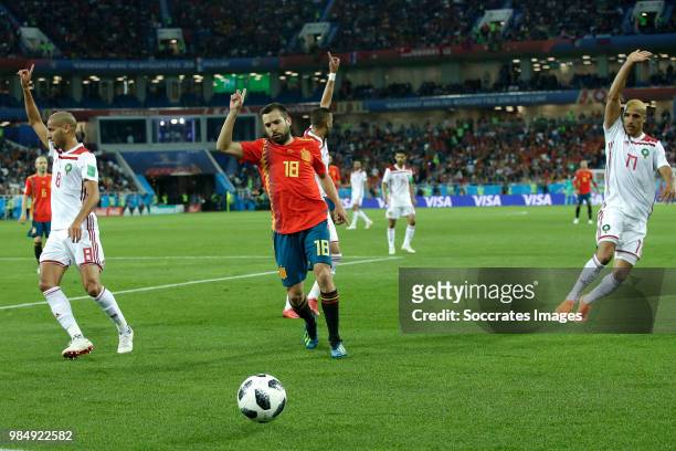 Karim El Ahmadi of Morocco , Jordi Alba of Spain , Hakim Ziyech of Morocco , Nabil Dirar of Morocco during the World Cup match between Spain v...