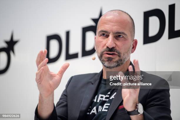 Dara Khosrowshahi, CEO of Uber, speaks at the innovation conference Digital-Life-Design in Munich, Germany, 22 January 2018. The three-day conference...