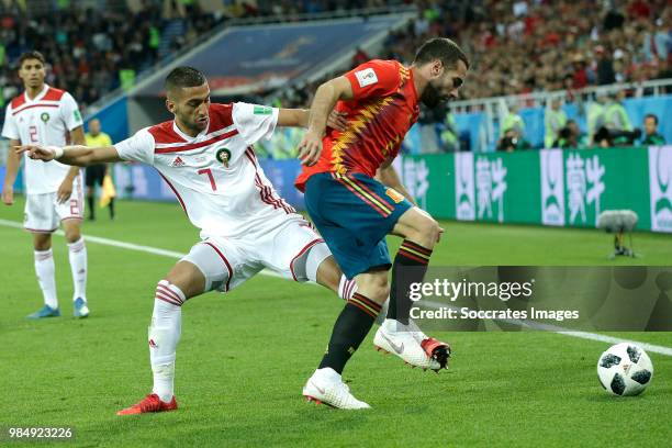 Hakim Ziyech of Morocco , Dani Carvajal of Spain during the World Cup match between Spain v Morocco at the Kaliningrad Stadium on June 25, 2018 in...