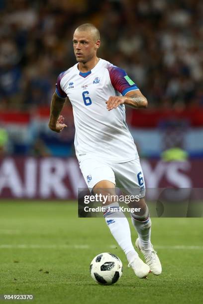 Ragnar Sigurdsson of Iceland controls the ball during the 2018 FIFA World Cup Russia group D match between Iceland and Croatia at Rostov Arena on...