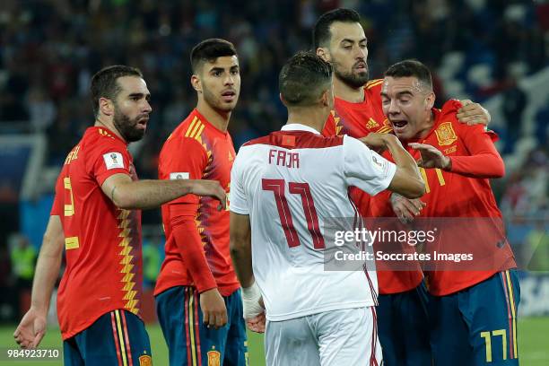 Dani Carvajal of Spain , Marco Asensio of Spain ,Faycal Fajr of Morocco , Sergio Busquets of Spain , Iago Aspas of Spain during the World Cup match...