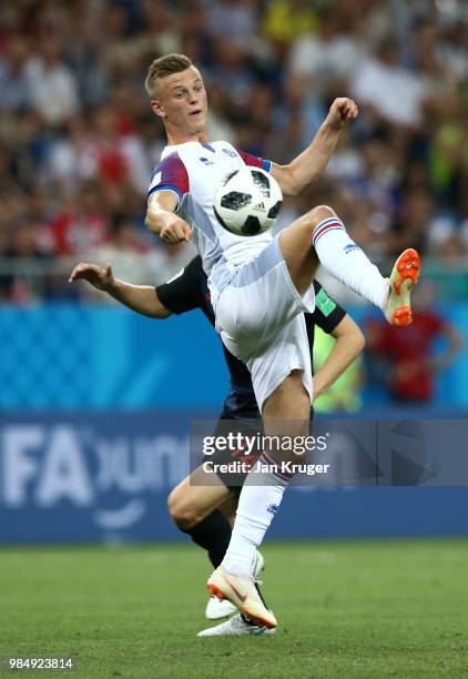 Albert Gudmundsson of Iceland controls the ball during the 2018 FIFA World Cup Russia group D match between Iceland and Croatia at Rostov Arena on...