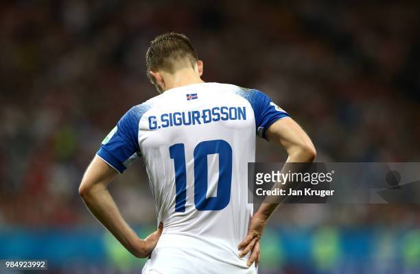 Gylfi Sigurdsson of Iceland looks dejected during the 2018 FIFA World Cup Russia group D match between Iceland and Croatia at Rostov Arena on June...