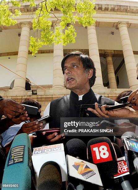 Indian Junior Foreign Minister Shashi Tharoor addresses the media at parliament house in New Delhi on April 16, 2010. Junior Indian Foreign Minister...