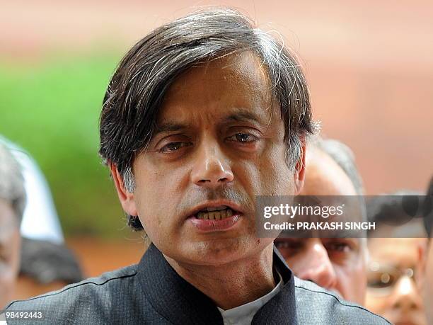 Indian Junior Foreign Minister Shashi Tharoor addresses the media at parliament house in New Delhi on April 16, 2010. Junior Indian Foreign Minister...