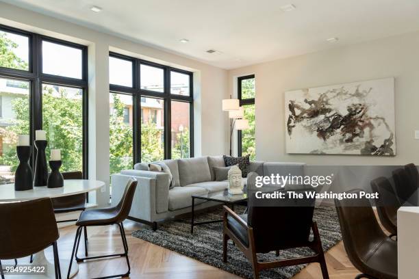 Living area in model unit 101 at Stone Hill on June 12, 2018 in Washington DC.