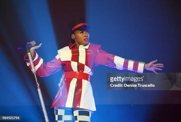 Singer/songwriter Janelle Monae performs during her Dirty Computer Tour at The Pearl concert theater at Palms Casino Resort on June 26, 2018 in Las...