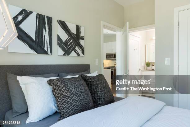 Second Bedroom with door to shared Bath in model unit 101 at Stone Hill on June 12, 2018 in Washington DC.