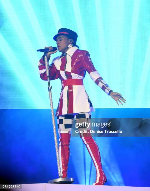 Singer/songwriter Janelle Monae performs during her Dirty Computer Tour at The Pearl concert theater at Palms Casino Resort on June 26, 2018 in Las...