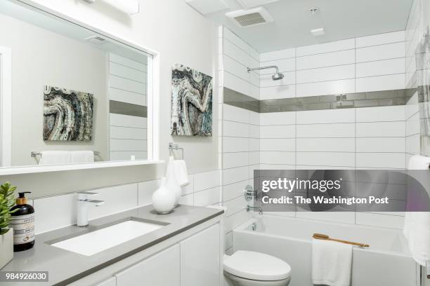 Shared Bath in model unit 101 at Stone Hill on June 12, 2018 in Washington DC.