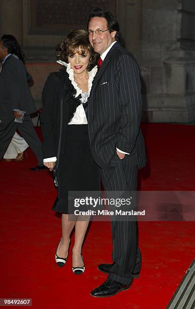Joan Collins and guest attend the private view of the Grace Kelly: Style Icon exhibition at Victoria & Albert Museum on April 15, 2010 in London,...