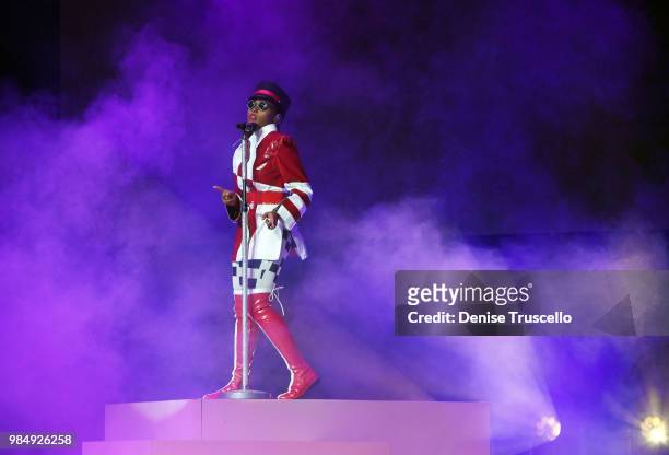 Singer/songwriter Janelle Monae performs during her Dirty Computer Tour at The Pearl concert theater at Palms Casino Resort on June 26, 2018 in Las...