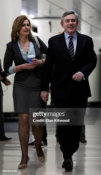 British Prime Minister Gordon Brown and his wife Sarah Brown board a train at Victoria Station on April 16, 2010 in London, England. The General...