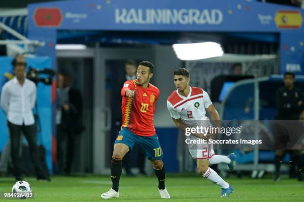 Thiago of Spain , Achraf Hakimi of Morocco during the World Cup match between Spain v Morocco at the Kaliningrad Stadium on June 25, 2018 in...