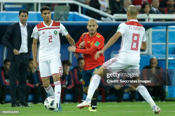 Achraf Hakimi of Morocco , Thiago of Spain during the World Cup match between Spain v Morocco at the Kaliningrad Stadium on June 25, 2018 in...