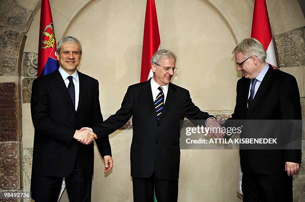 Presidents, Boris Tadic of Serbia, Laszlo Solyom of Hungary and Ivo Josipovic of Croatia pose for a family photo hand in hand at the Museum of the...