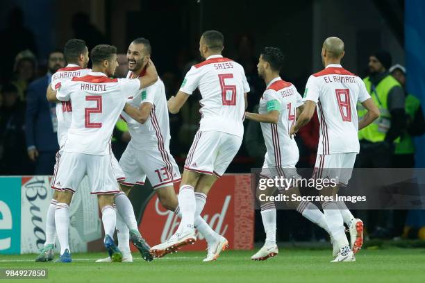 Khalid Boutaib of Morocco celebrates 1-0 with Younes Belhanda of Morocco Achraf Hakimi of Morocco , Romain Saiss of Morocco , Mbark Boussoufa of...