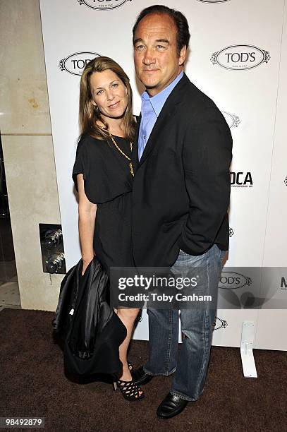 Jenny and Jim Belushi pose for a picture at Diego Della Valle's Celebration of Tod's Boutique and MOCA's Jeffrey Deitch on April 15, 2010 in Beverly...
