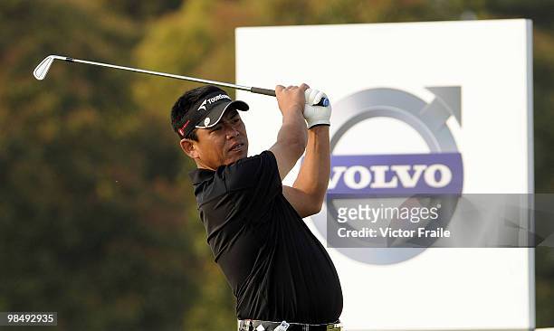 Tetsuji Hiratsuka of Japan tees off on the 17th hole during the Round Two of the Volvo China Open on April 16, 2010 in Suzhou, China.