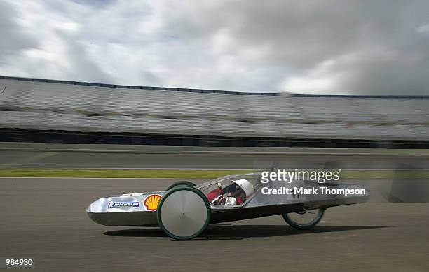 Competitor in action during the Shell Eco Marathon event at the Rockingham Motor Speedway in Corby on July 11, 2002. The cars were competing to beat...