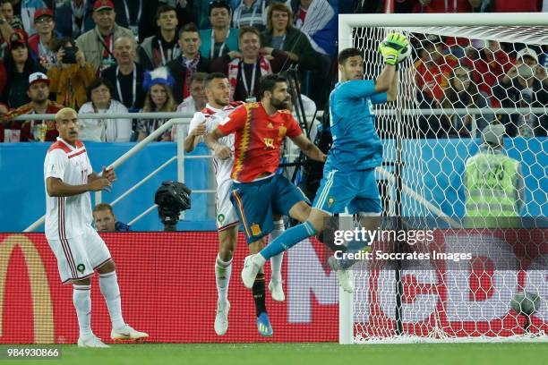 Nabil Dirar of Morocco , Khalid Boutaib of Morocco , Diego Costa of Spain ,Munir Mohamedi of Morocco during the World Cup match between Spain v...