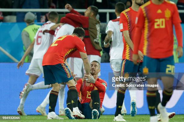 Dani Carvajal of Spain , Sergio Ramos of Spain , Sergio Busquets of Spain , Marco Asensio of Spain during the World Cup match between Spain v Morocco...