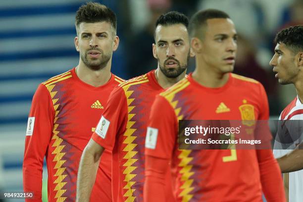 Gerard Pique of Spain , Sergio Busquets of Spain ,Rodrigo of Spain during the World Cup match between Spain v Morocco at the Kaliningrad Stadium on...
