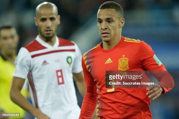 Karim El Ahmadi of Morocco , Rodrigo of Spain during the World Cup match between Spain v Morocco at the Kaliningrad Stadium on June 25, 2018 in...