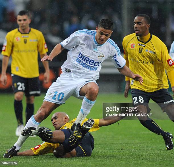Marseille's foward Hatem Ben Arfa vies with Sochaux's defender Nicolas Maurice-Belay during their French L1 football match at Velodrome stadium on...