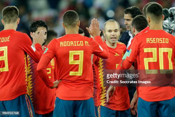 Rodrigo of Spain , Andres Iniesta of Spain , during the World Cup match between Spain v Morocco at the Kaliningrad Stadium on June 25, 2018 in...