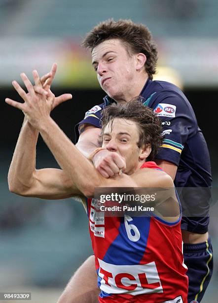 Brodie Smith of the AIS spoils Shane Nelson of West Perth during the trial match between the AIS AFL Academy and West Perth at Subiaco Oval on April...