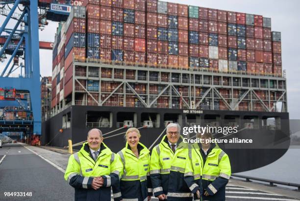 Hamburg's mayor Olaf Scholz , Angela Titzrath, CEO of the Hamburger Hafen und Logistik AG , German President Frank-Walter Steinmeier and his wife...